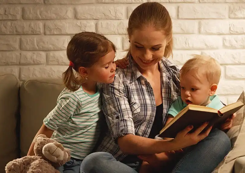 Mom and kids on couch